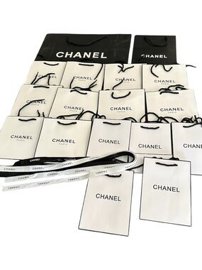 CHANEL White & Black Branded Paper Shopping Bags Set of 17 Plus Ribbons